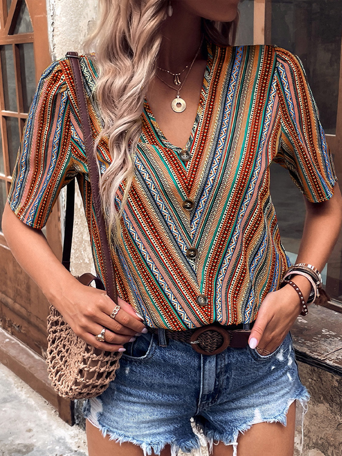 *APP EXCLUSIVE* Aztec Vneck Button-Up Short Sleeve Top