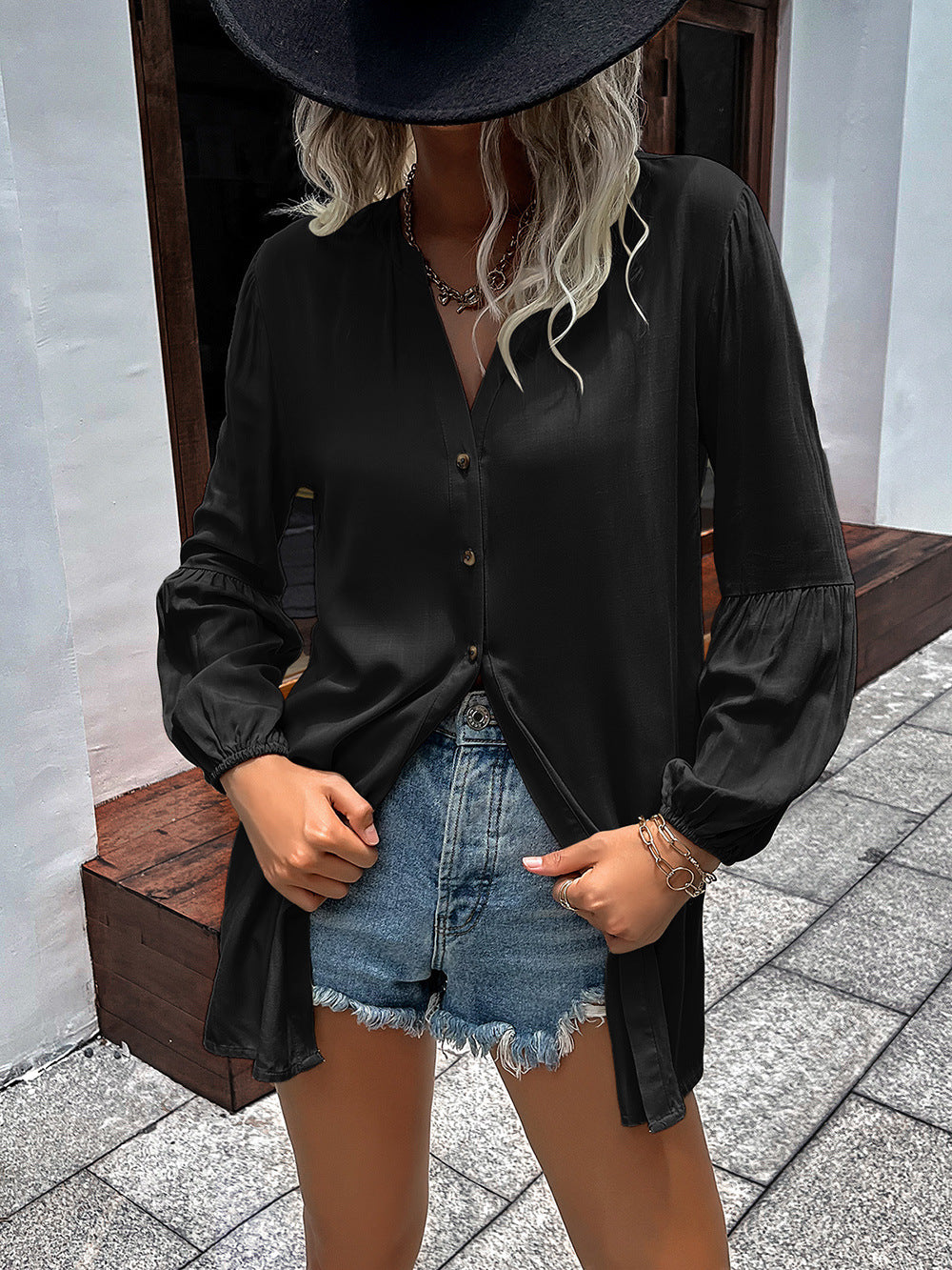 *APP EXCLUSIVE* Notched Neck Balloon Sleeve Shirt