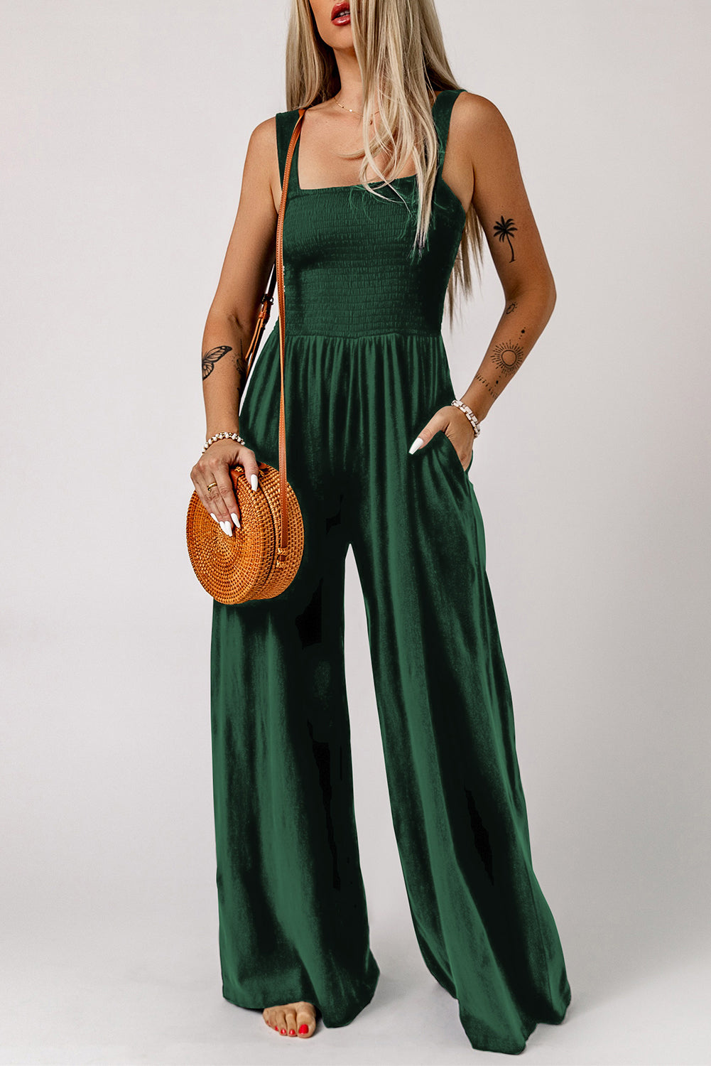 *APP EXCLUSIVE* Smocked Square Neck Wide Leg Jumpsuit with Pockets