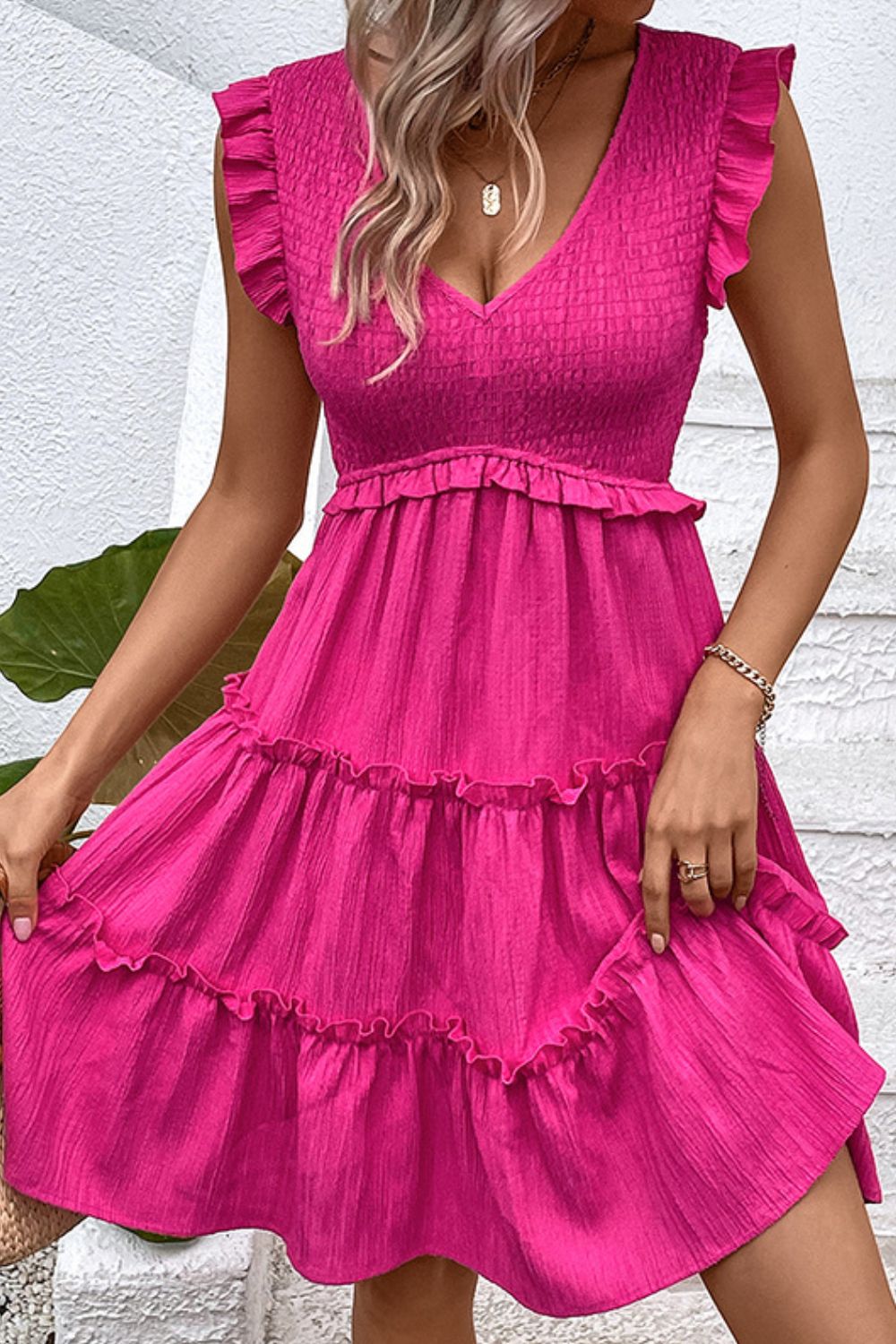 *APP EXCLUSIVE* Smocked Frill Trim Deep V Dress