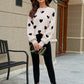 Heart Pattern Lantern Sleeve Round Neck Tunic Sweater