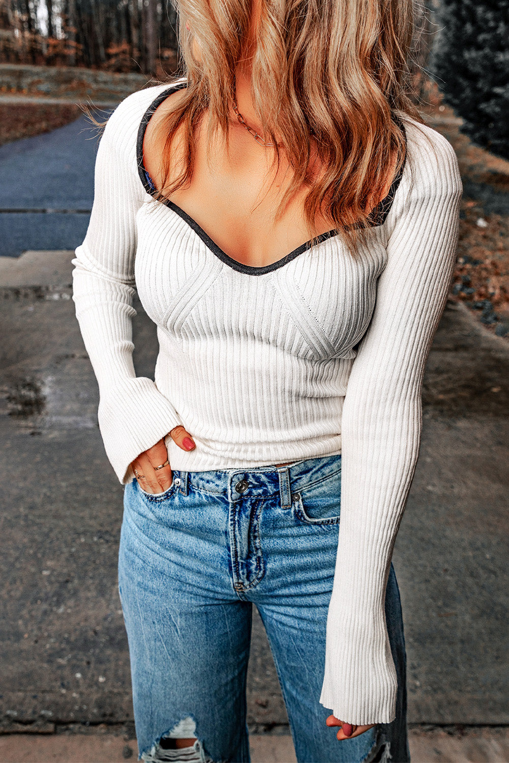 *APP EXCLUSIVE* Contrast Sweetheart Neck Ribbed Top