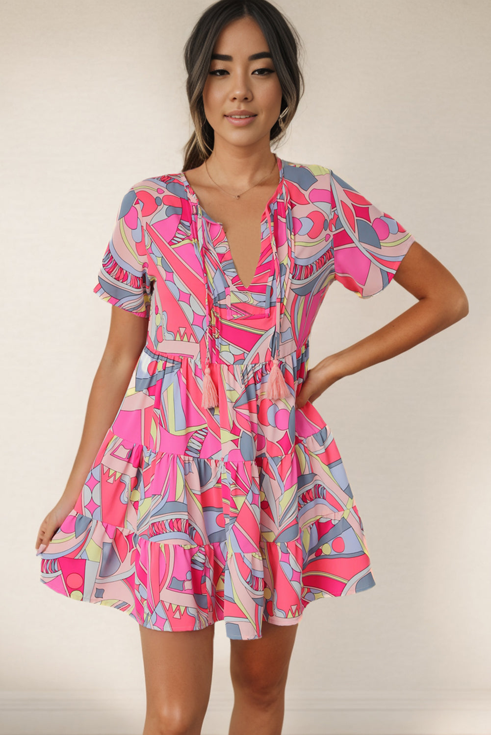 *APP EXCLUSIVE* Multicolored Tie Neck Short Sleeve Tiered Dress