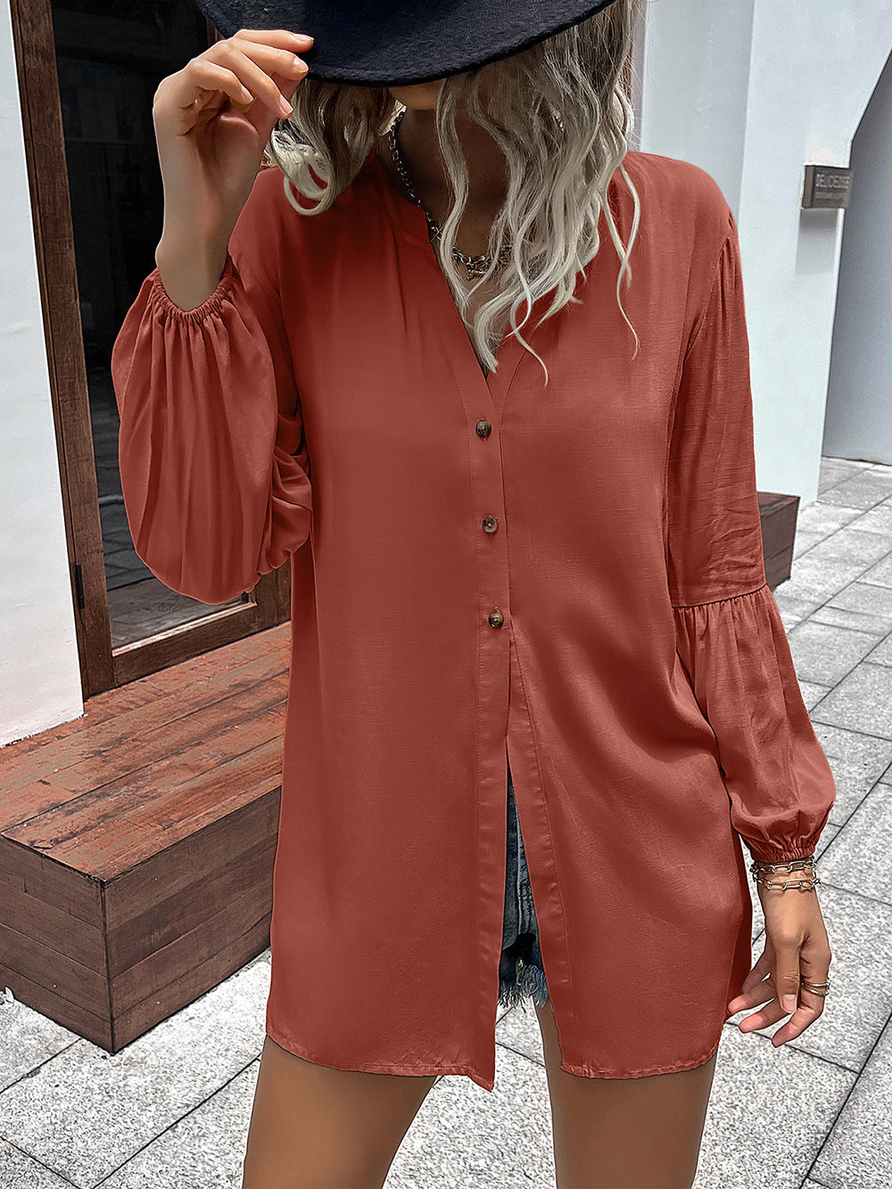 *APP EXCLUSIVE* Notched Neck Balloon Sleeve Shirt