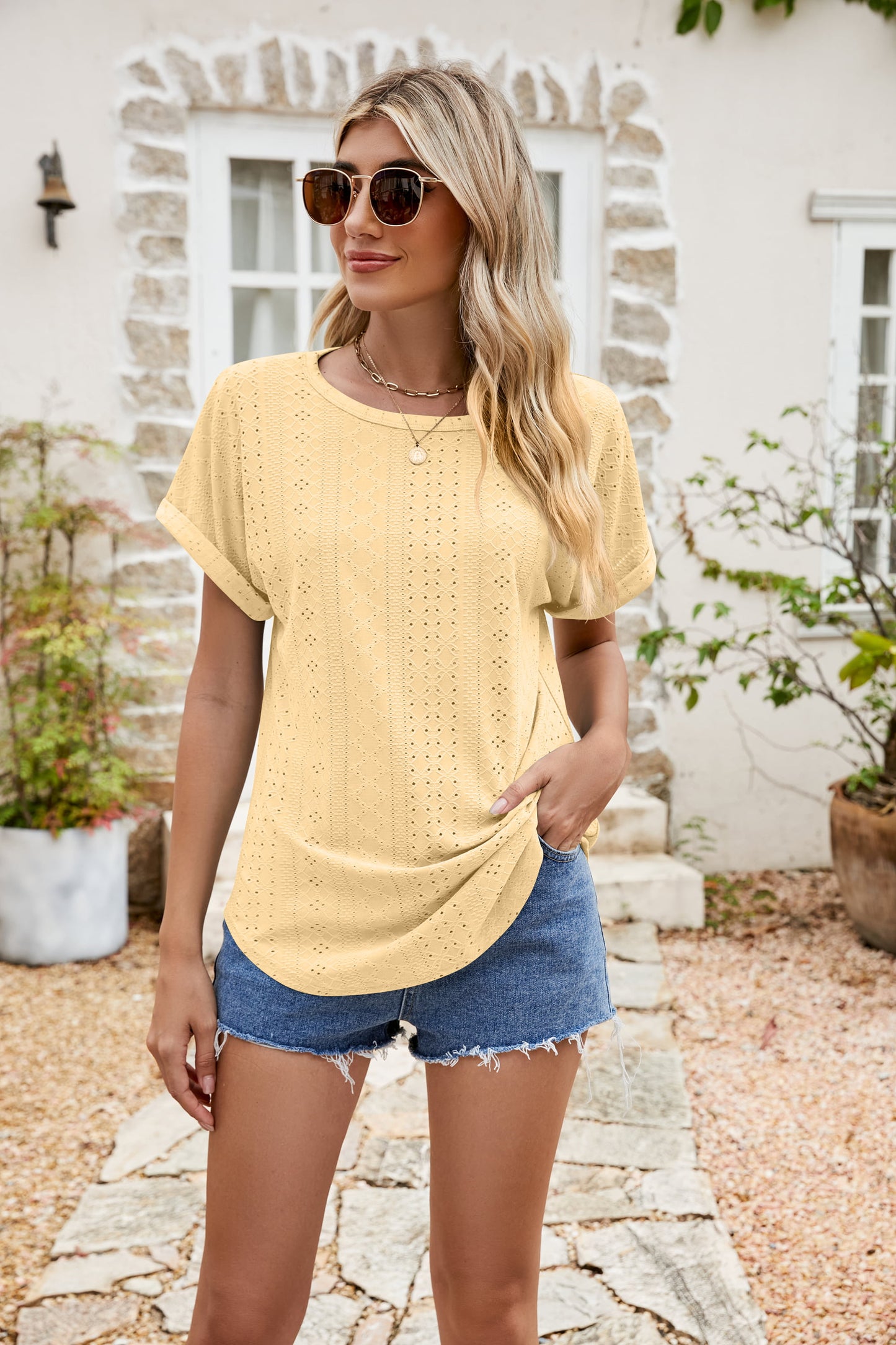 * APP EXCLUSIVE* Eyelet Short Sleeve Top