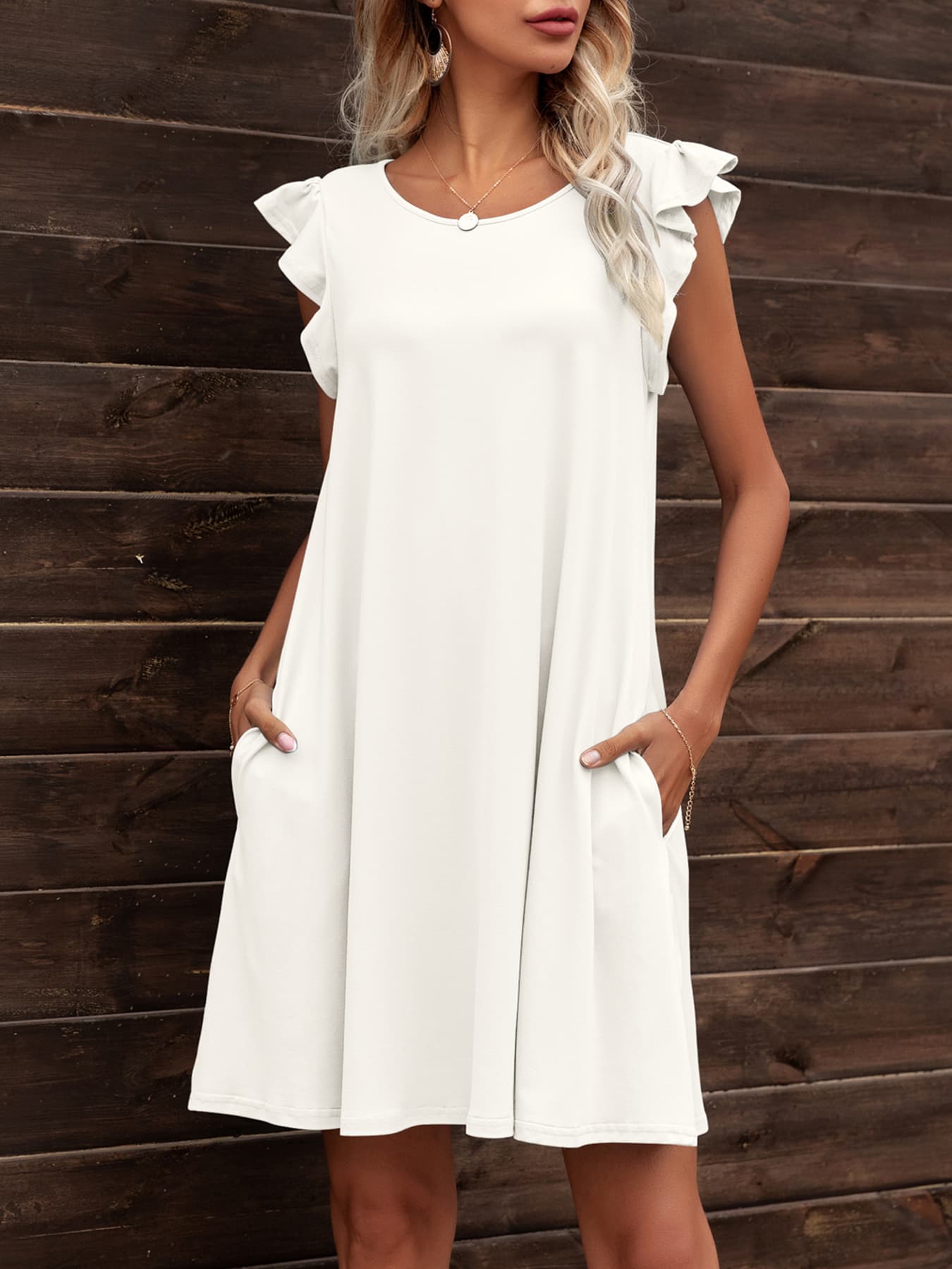 *APP EXCLUSIVE* Round Neck Flutter Sleeve Dress with Pockets