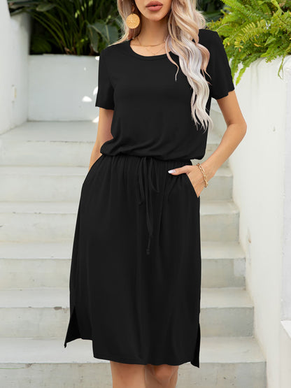 *APP EXCLUSIVE* Round Neck Short Sleeve Slit Dress with Pockets