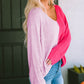 Pink Colorblock Vneck Long Sleeve Pullover Sweater