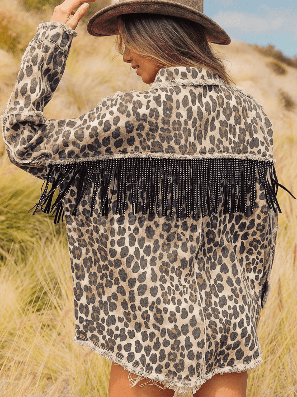*APP EXCLUSIVE* Leopard Fringe Detail Collared Neck Denim Jacket