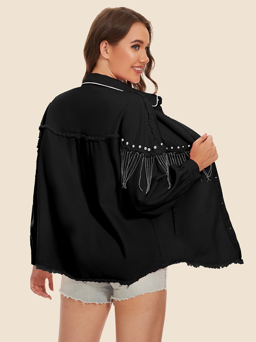 *APP EXCLUSIVE* Raw Hem Fringe Detail Denim Jacket