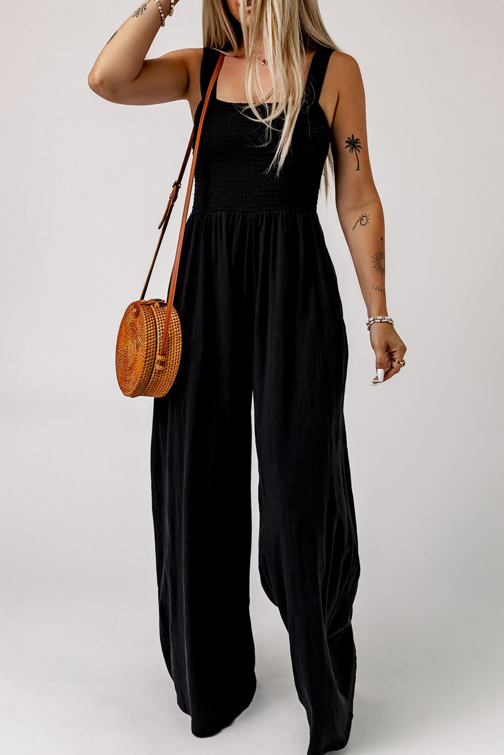 *APP EXCLUSIVE* Smocked Square Neck Wide Leg Jumpsuit with Pockets