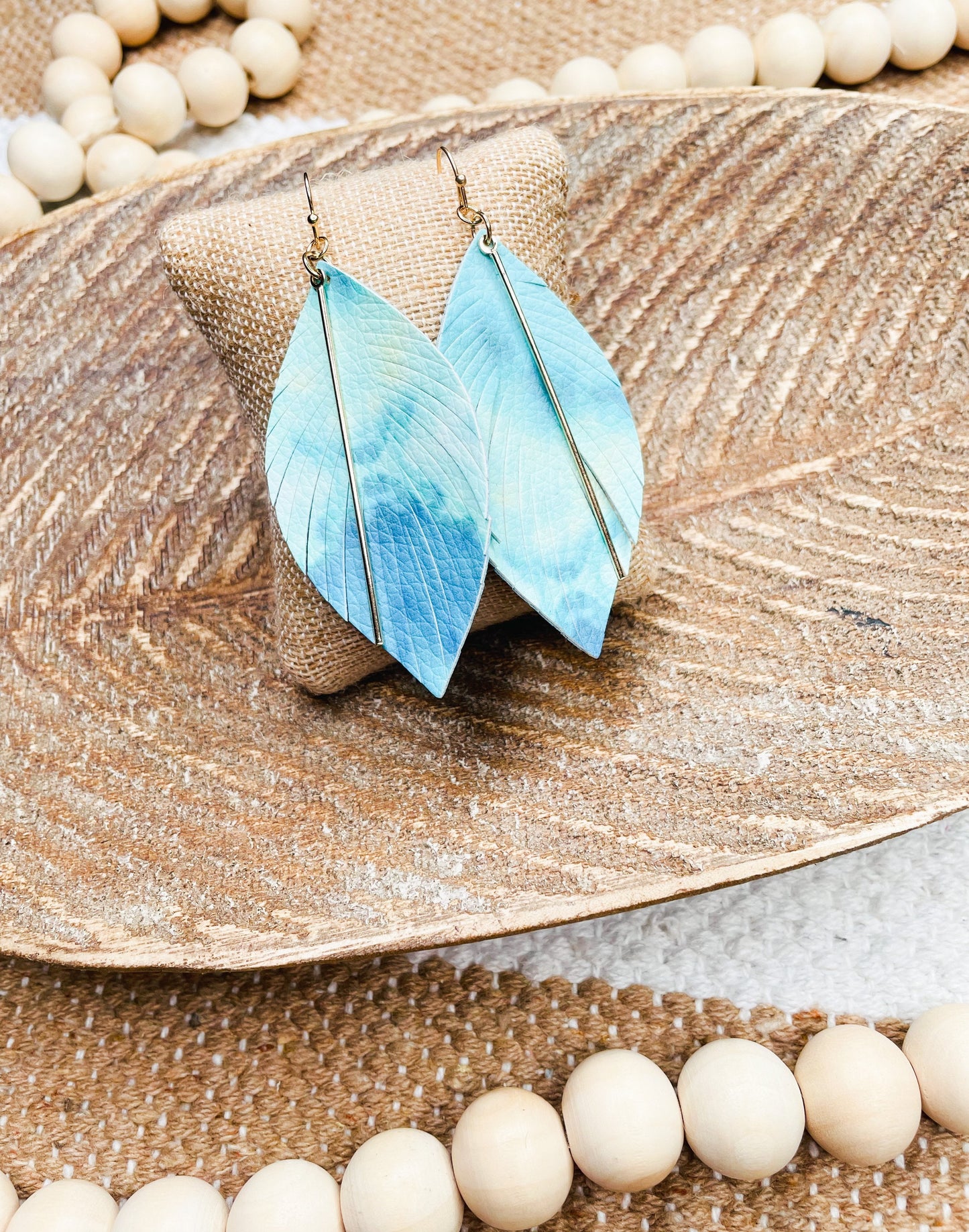 Teal Feather Earrings with Gold Bar