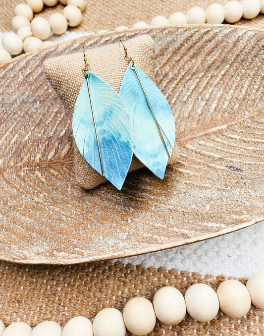 Teal Feather Earrings with Gold Bar