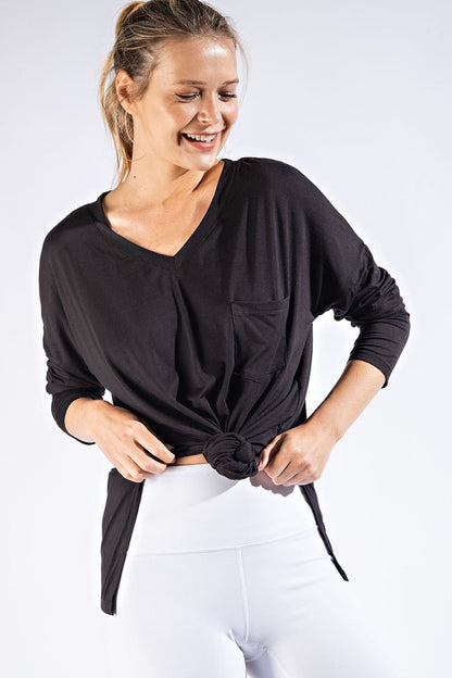 Basic Long Sleeve Vneck Solid Tee with Pocket
