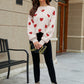Heart Pattern Lantern Sleeve Round Neck Tunic Sweater