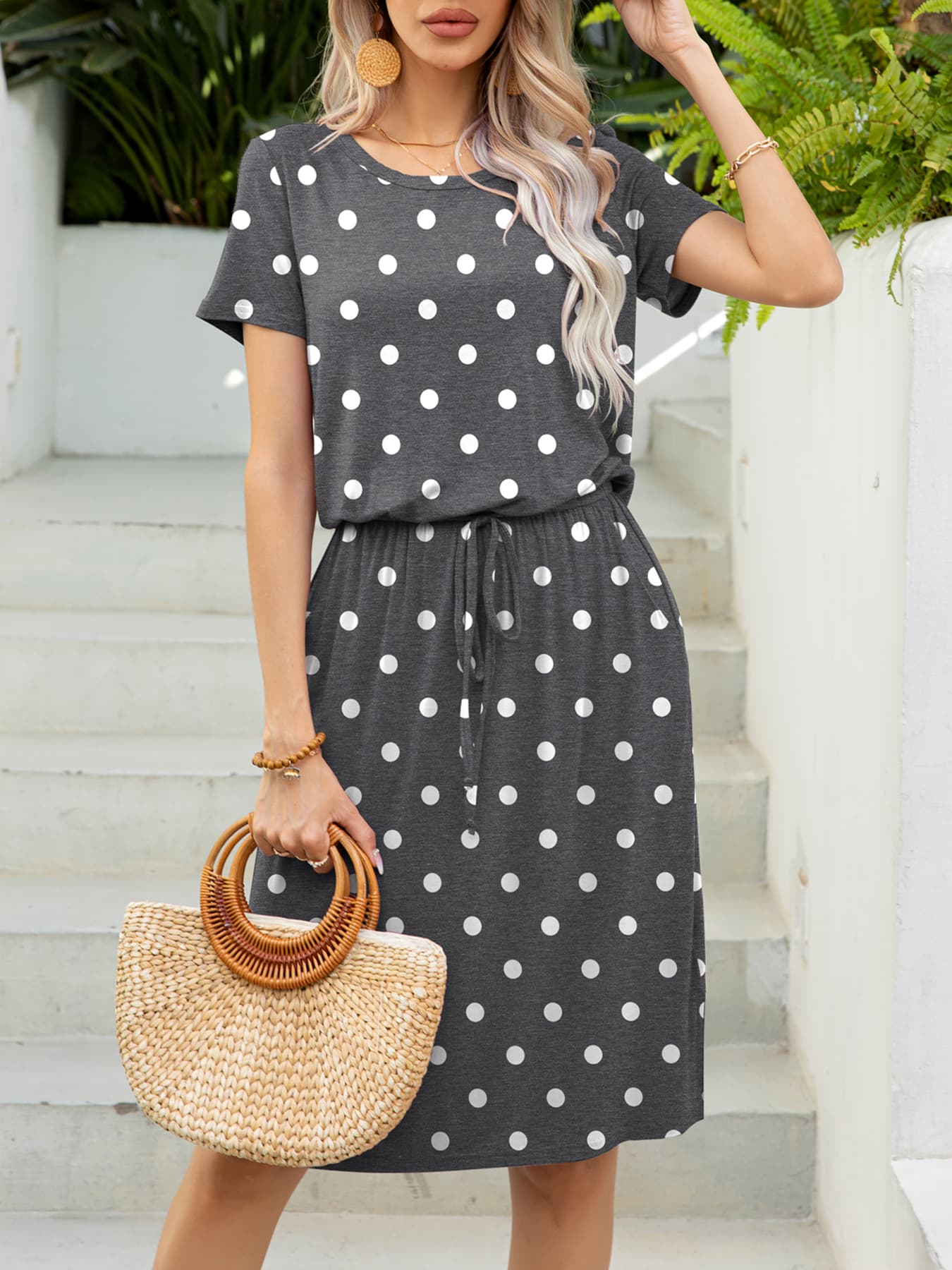 *APP EXCLUSIVE* Round Neck Short Sleeve Slit Dress with Pockets