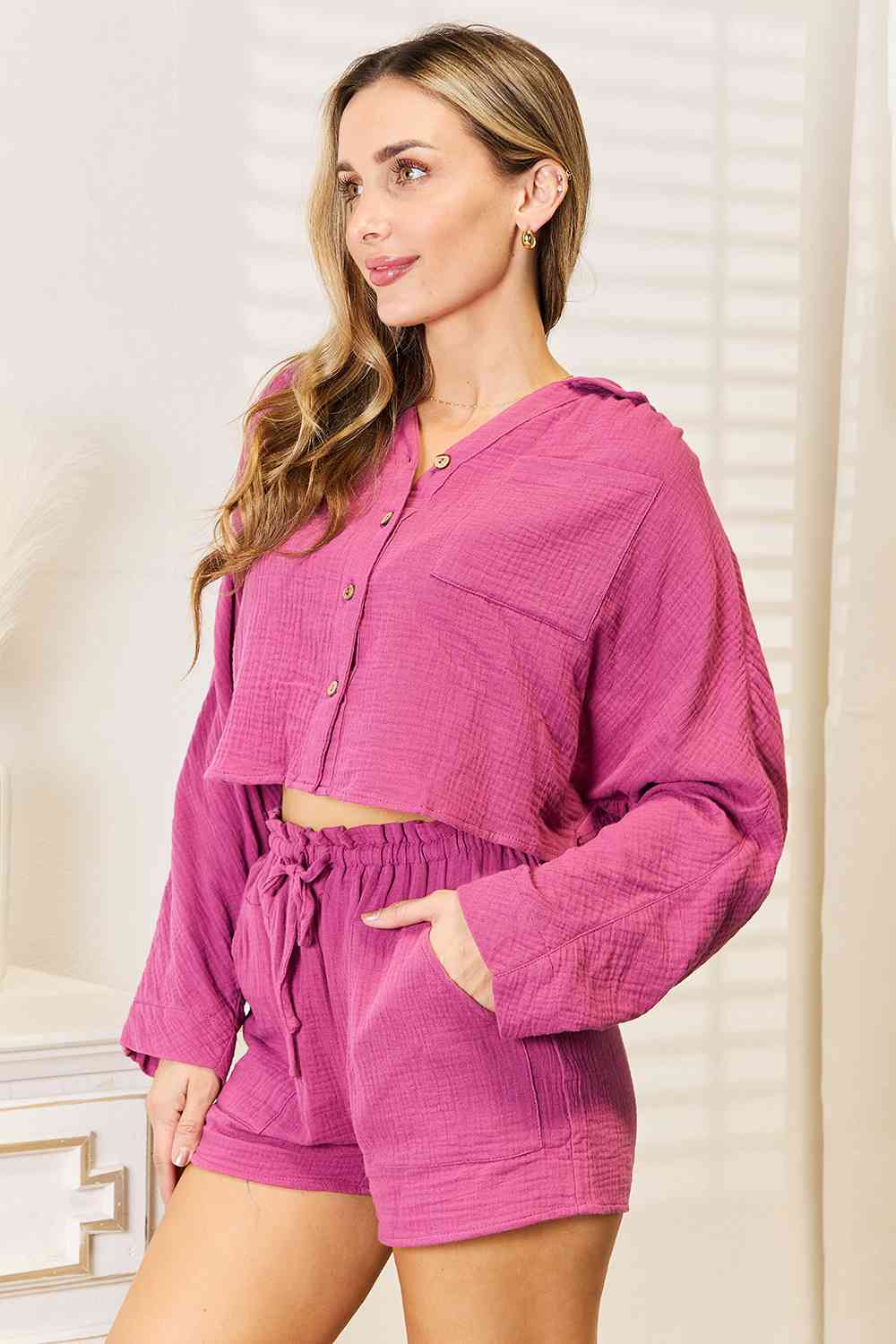 *APP EXCLUSIVE* Buttoned Long Sleeve Top and Shorts Set