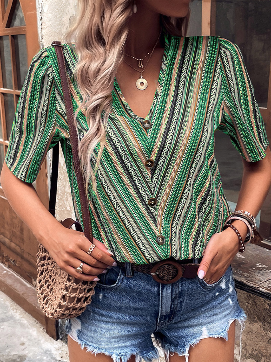 *APP EXCLUSIVE* Aztec Vneck Button-Up Short Sleeve Top