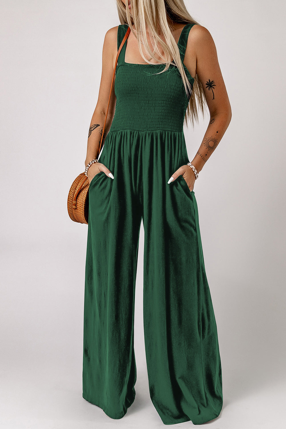 *APP EXCLUSIVE* Smocked Square Neck Wide Leg Jumpsuit with Pockets