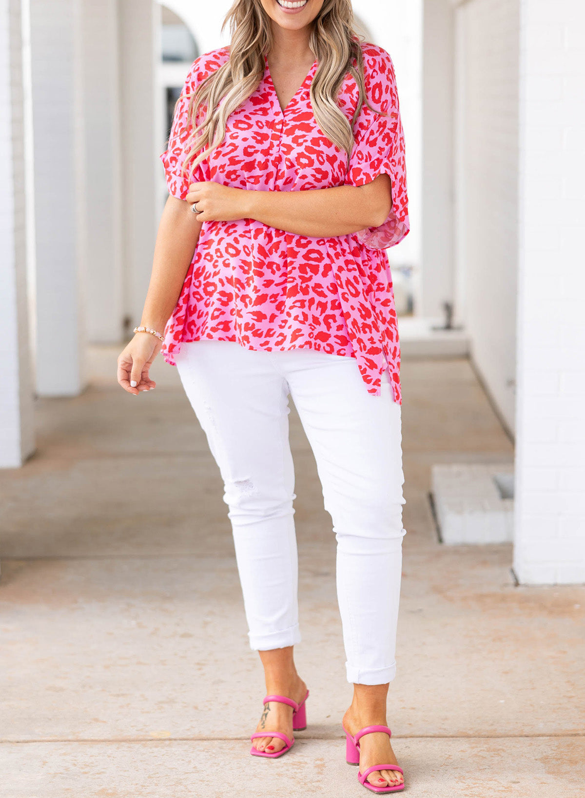 *APP EXCLUSIVE* Printed Notched Neck Half Sleeve Top