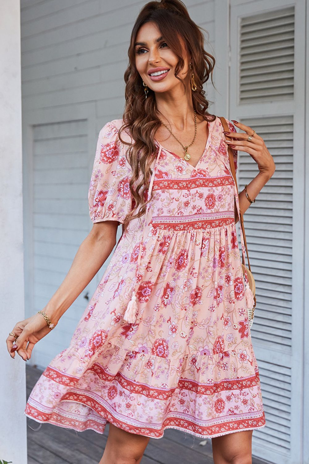 *APP EXCLUSIVE* Tie Neck Short Sleeve Mini Dress