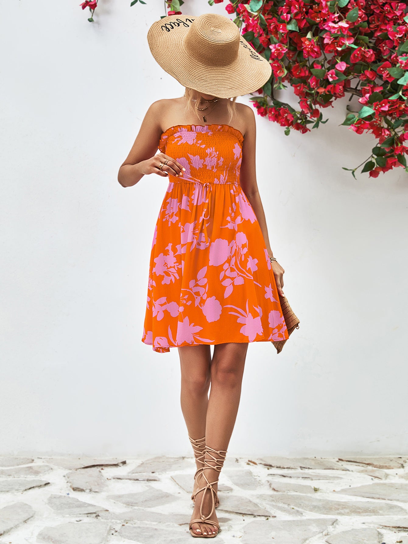 *APP EXCLUSIVE* Floral Frill Trim Strapless Smocked Dress