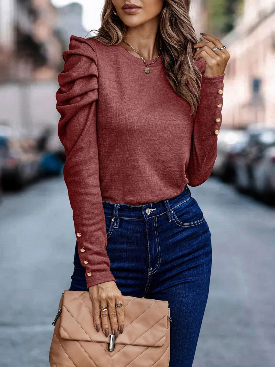 *APP EXCLUSIVE* Decorative Button Puff Sleeve T-Shirt