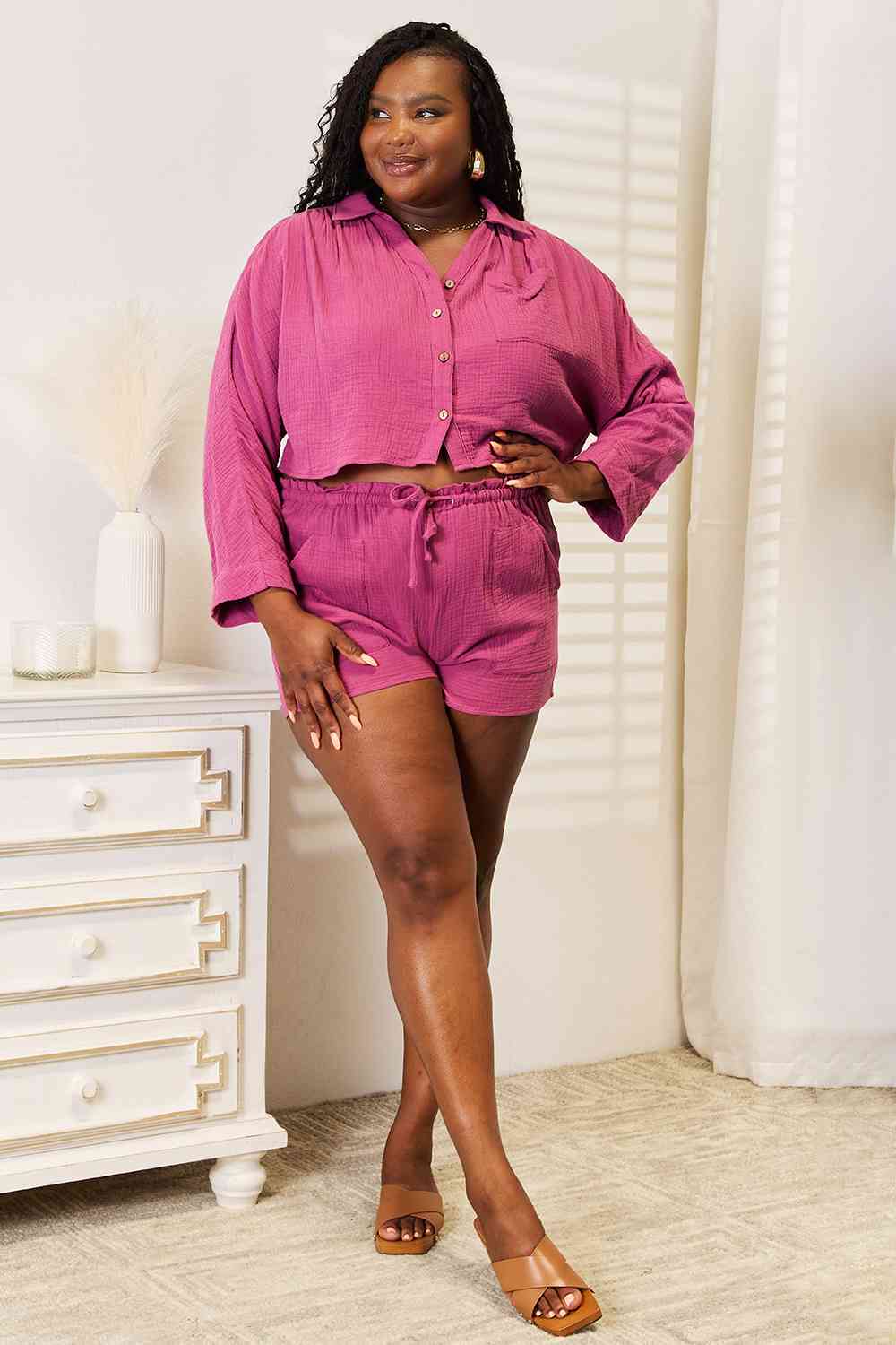 *APP EXCLUSIVE* Buttoned Long Sleeve Top and Shorts Set