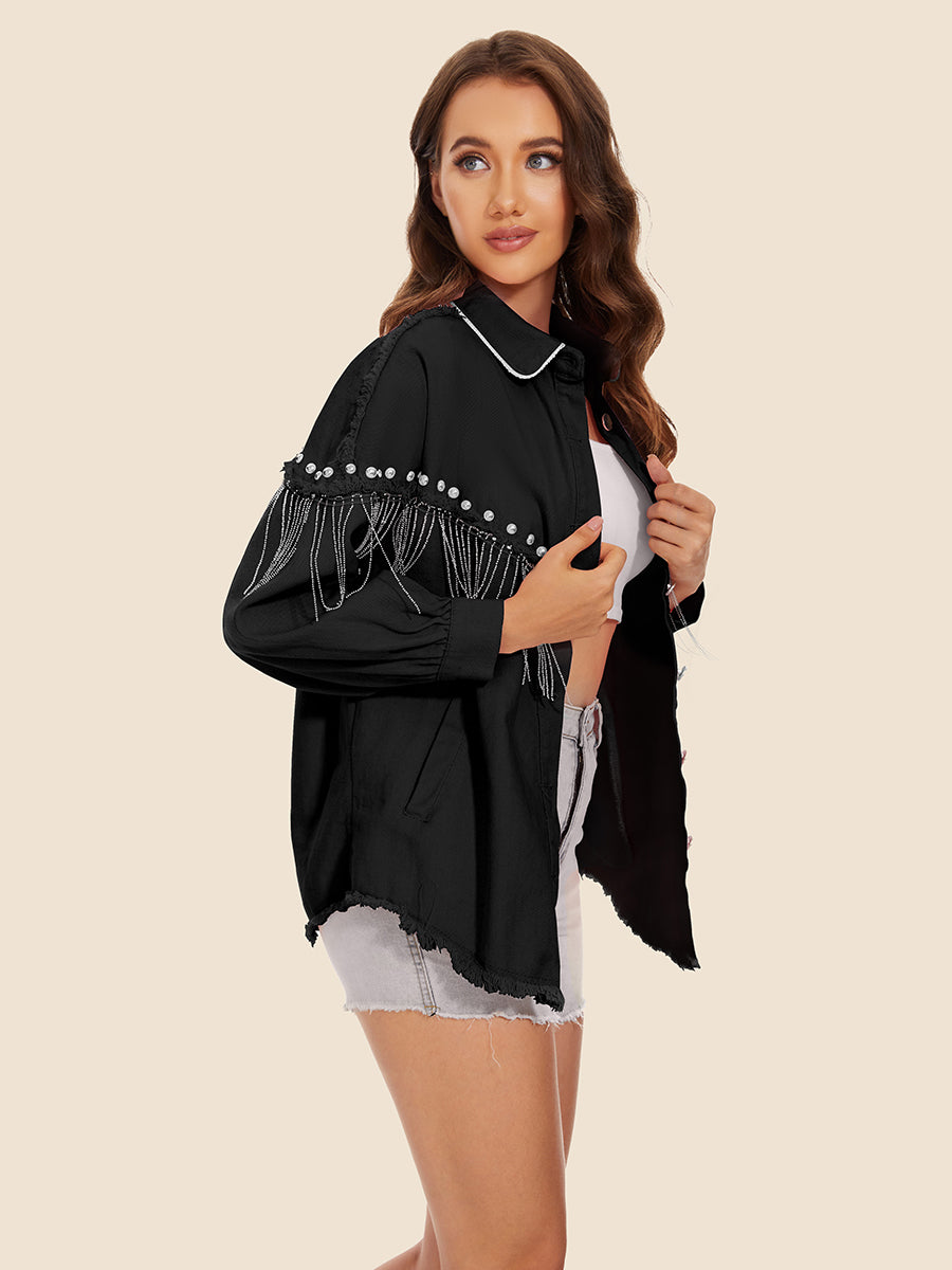 *APP EXCLUSIVE* Raw Hem Fringe Detail Denim Jacket