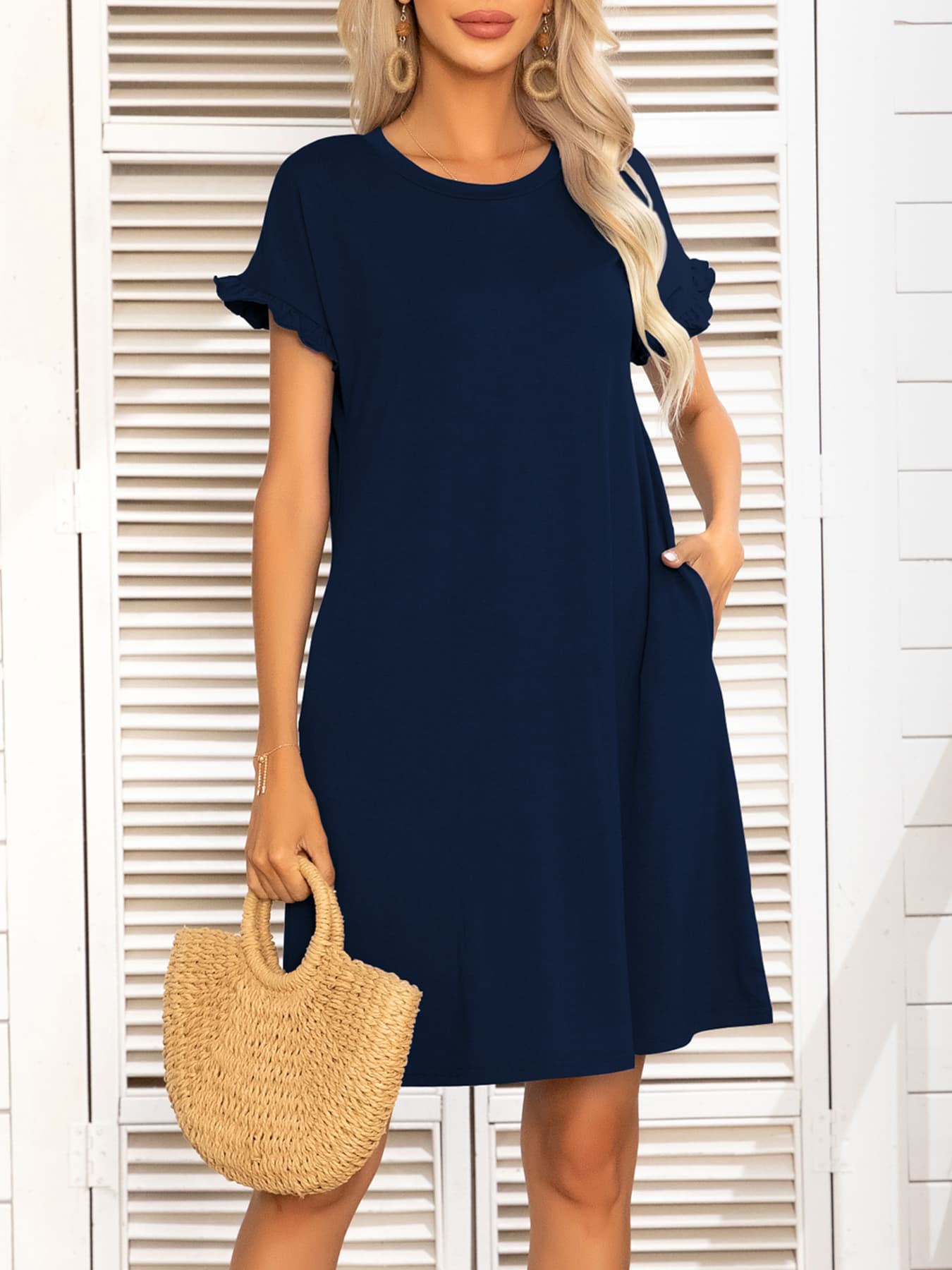 *APP EXCLUSIVE* Round Neck Flounce Sleeve Dress with Pockets