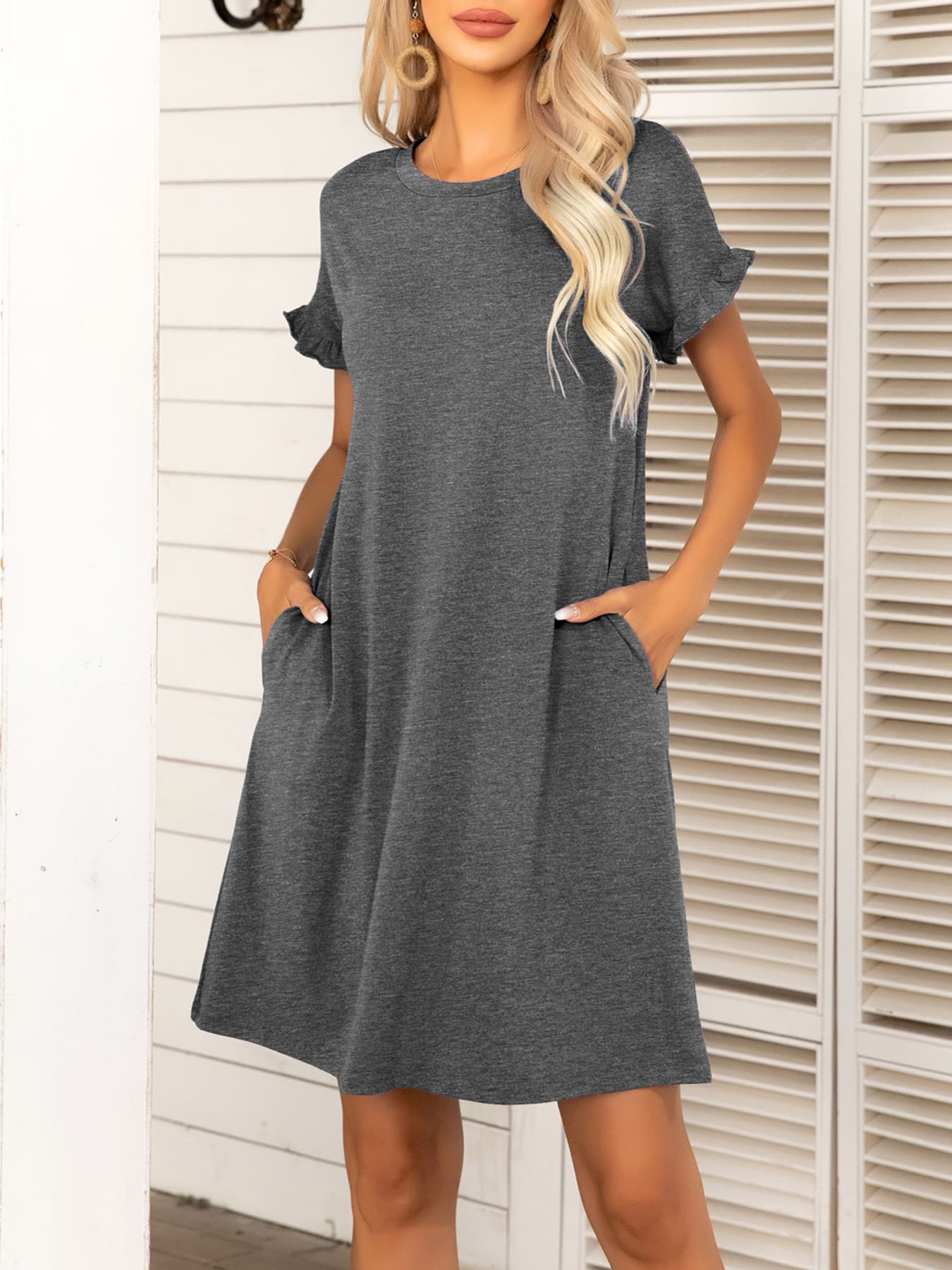 *APP EXCLUSIVE* Round Neck Flounce Sleeve Dress with Pockets