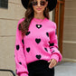 Heart Pattern Lantern Sleeve Round Neck Tunic Sweater