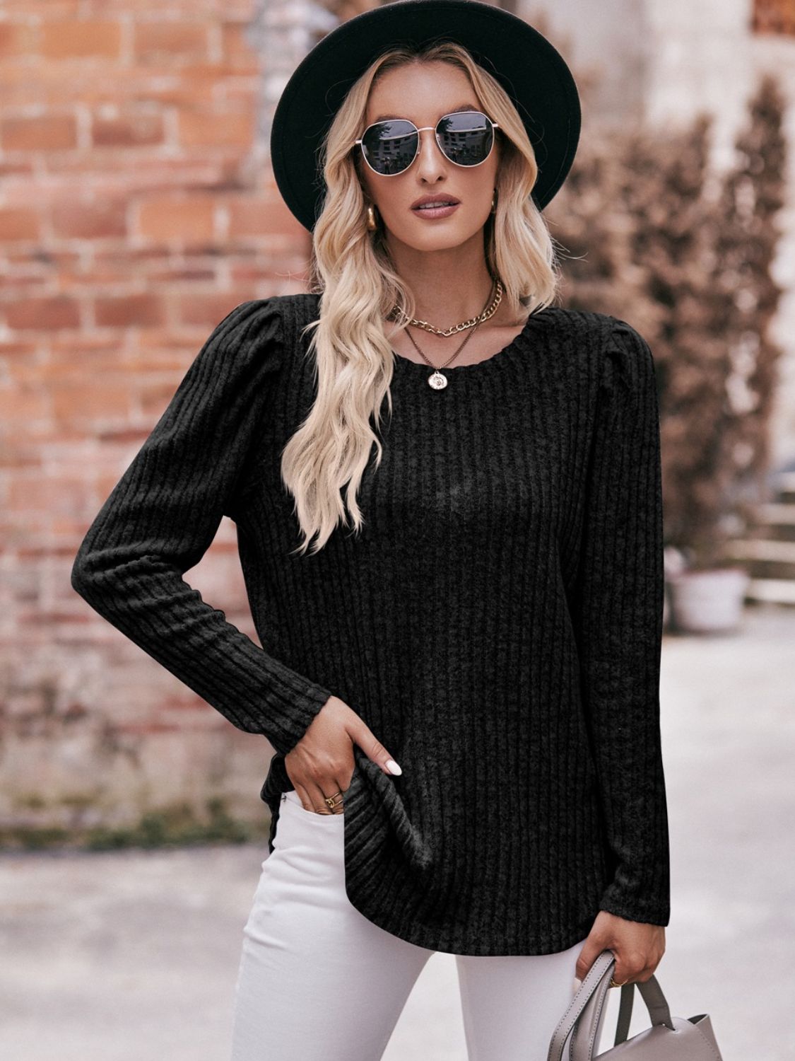 *APP EXCLUSIVE* Puff Sleeve Ribbed Top