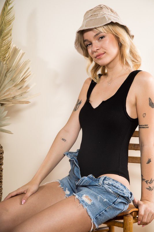 Ribbed Solid Knit Tank Bodysuit Top