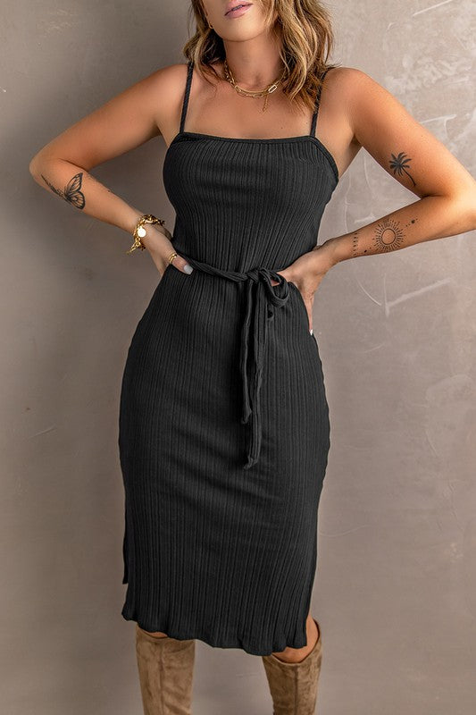 Ribbed Lace-Up Spaghetti Strap Mini Dress