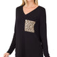 Vneck Leopard Pocket Long Sleeve Top