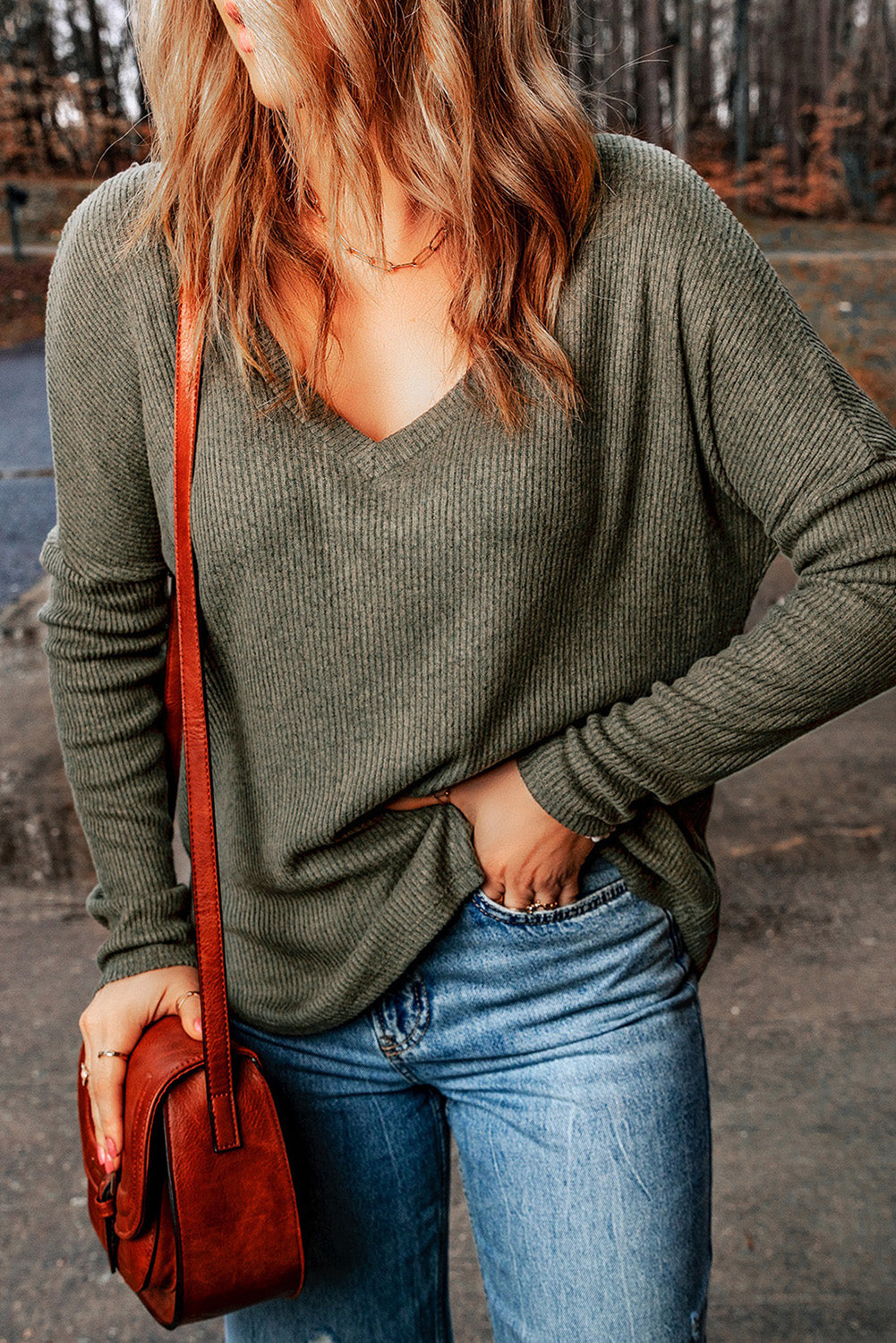 * APP EXCLUSIVE* Vneck Long Sleeve Ribbed Top
