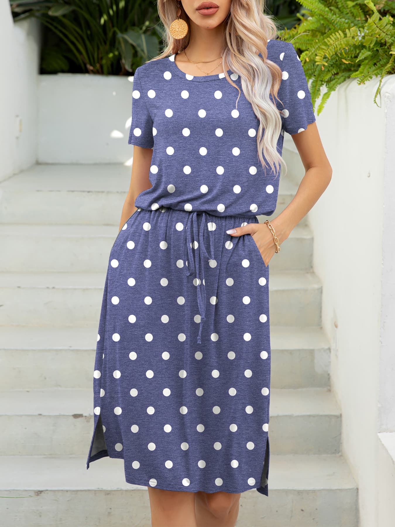 *APP EXCLUSIVE* Round Neck Short Sleeve Slit Dress with Pockets
