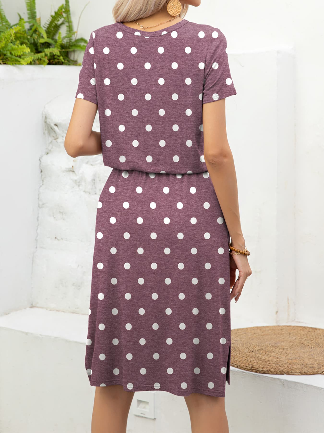 *APP EXCLUSIVE* Round Neck Short Sleeve Slit Dress with Pockets