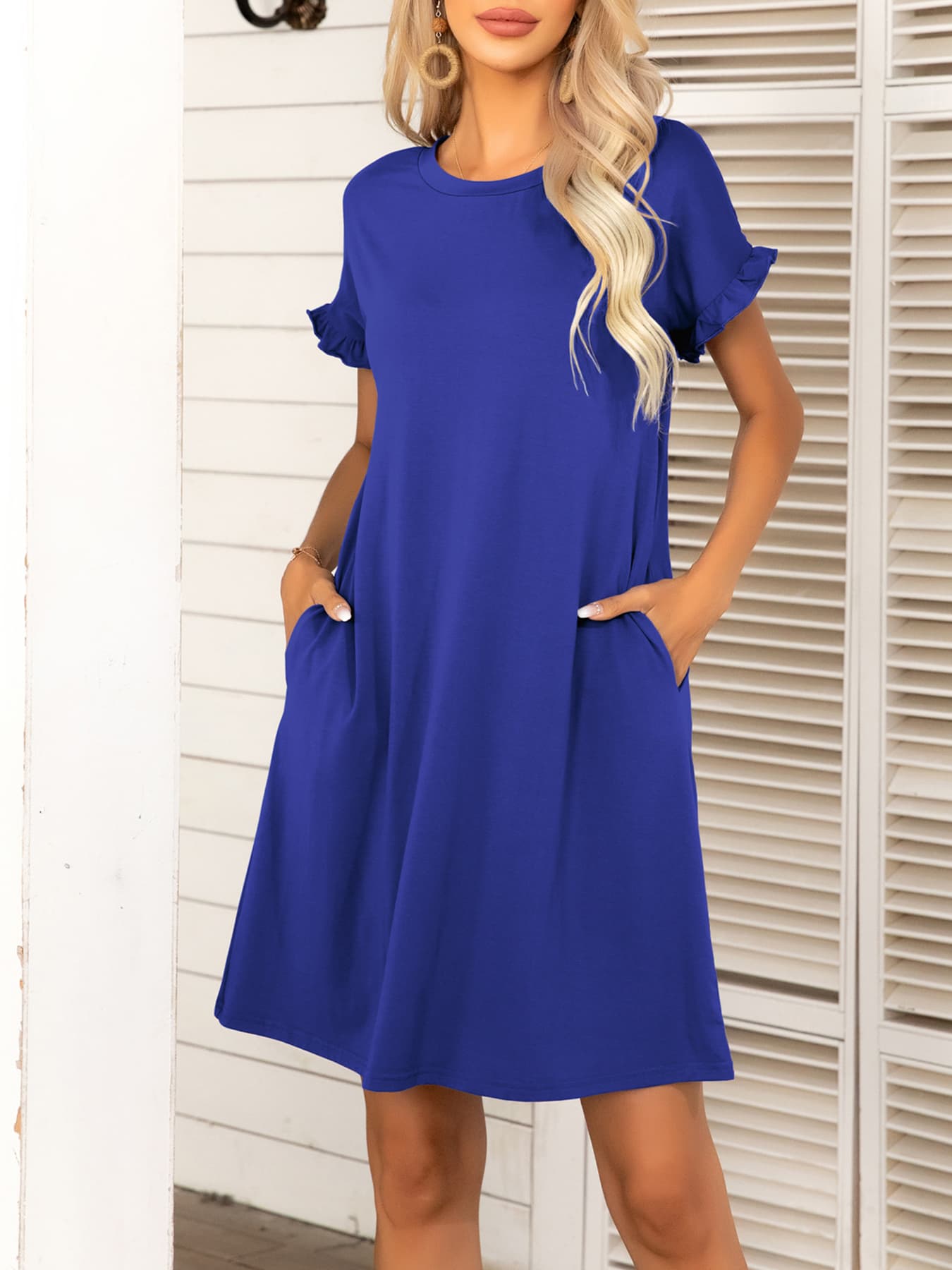*APP EXCLUSIVE* Round Neck Flounce Sleeve Dress with Pockets