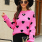 Heart Pattern Lantern Sleeve Round Neck Tunic Sweater