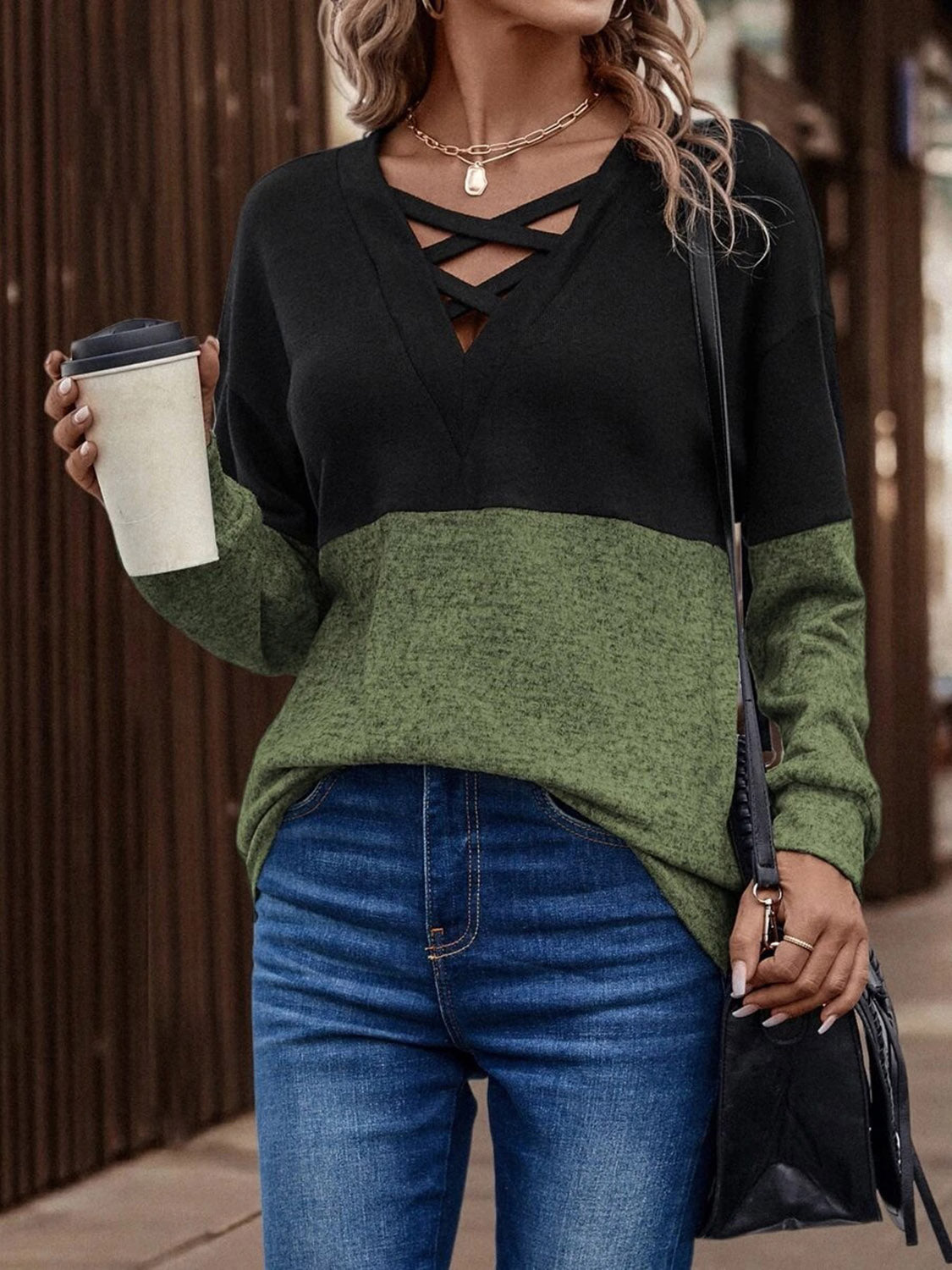 *APP EXCLUSIVE* Two-Tone Crisscross Detail Sweatshirt