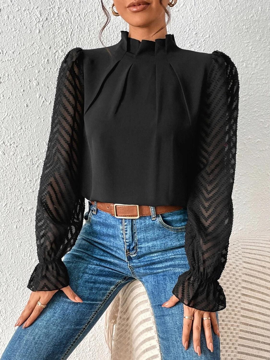 *APP EXCLUSIVE*Sheer Chevron Sleeve Blouse