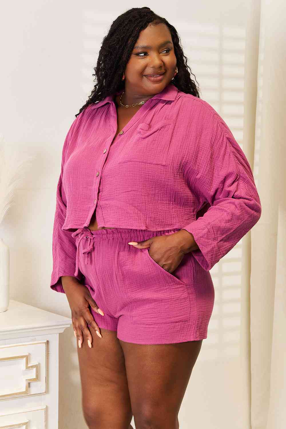 *APP EXCLUSIVE* Buttoned Long Sleeve Top and Shorts Set