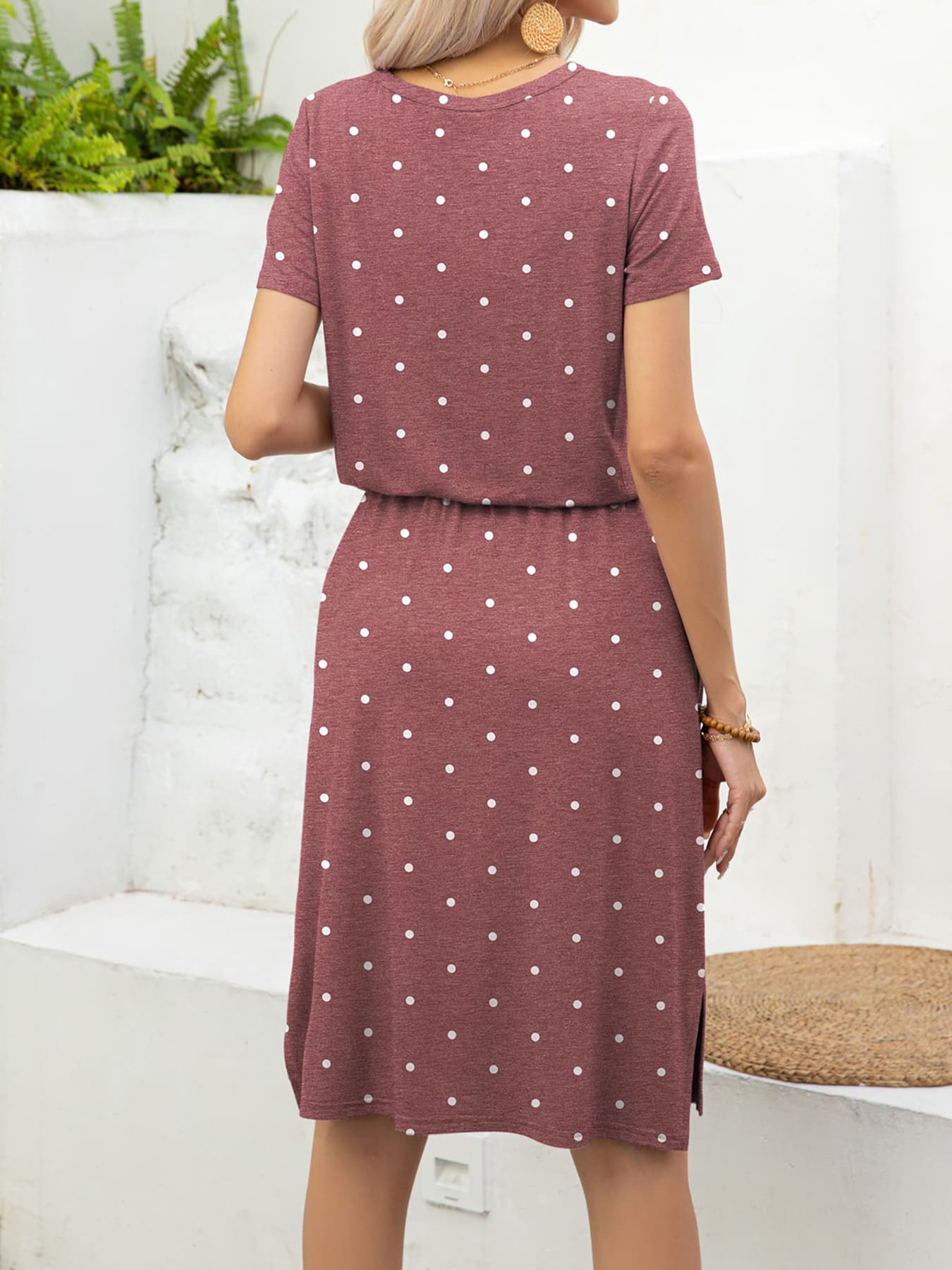 *APP EXCLUSIVE* Round Neck Short Sleeve Slit Dress with Pockets
