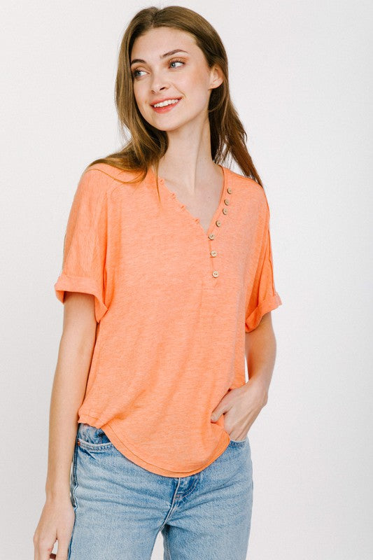 Button Roll Up Sleeve Knit Top