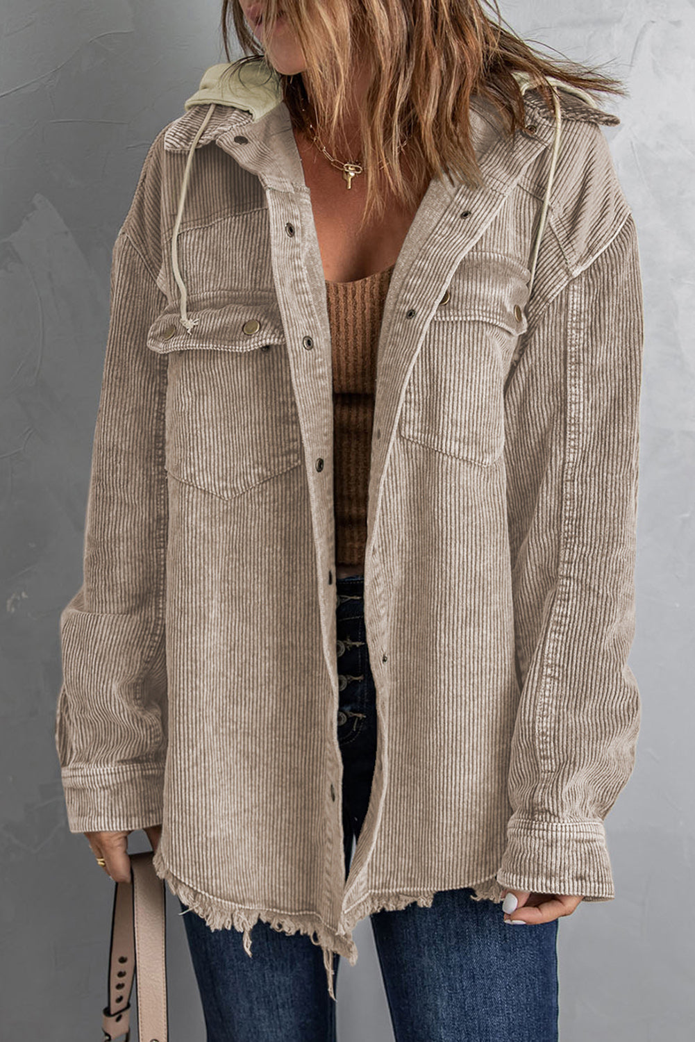 *App Exclusive* Snap Front Hooded Corduroy Shacket