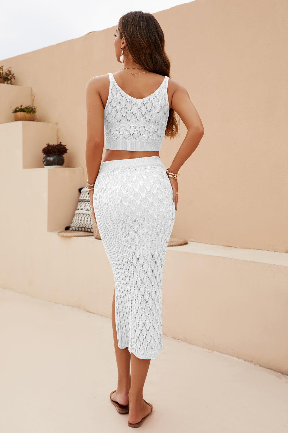 *APP EXCLUSIVE* Openwork Cropped Tank and Slit Skirt Set