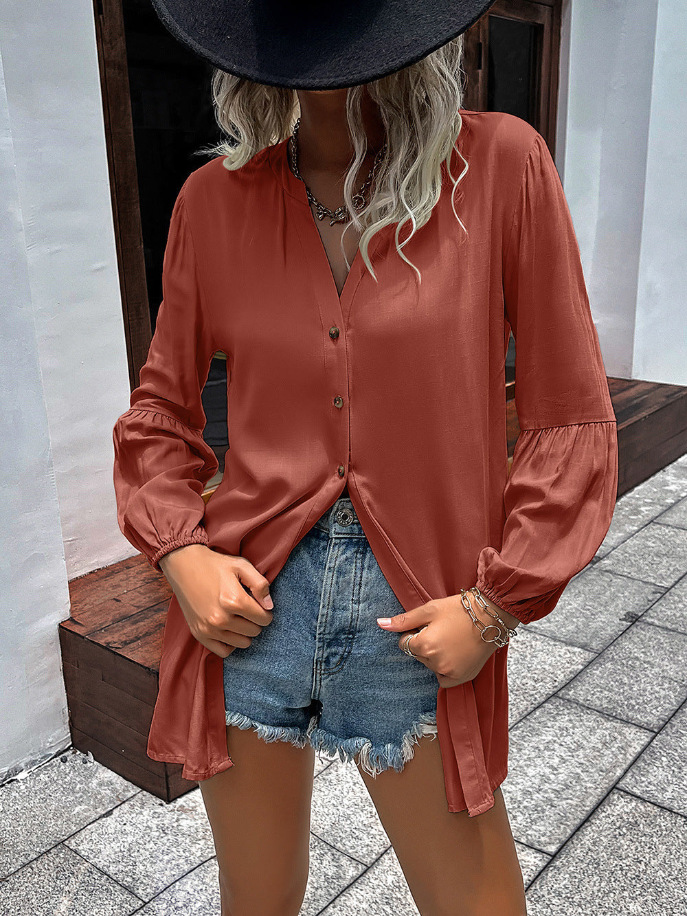 *APP EXCLUSIVE* Notched Neck Balloon Sleeve Shirt