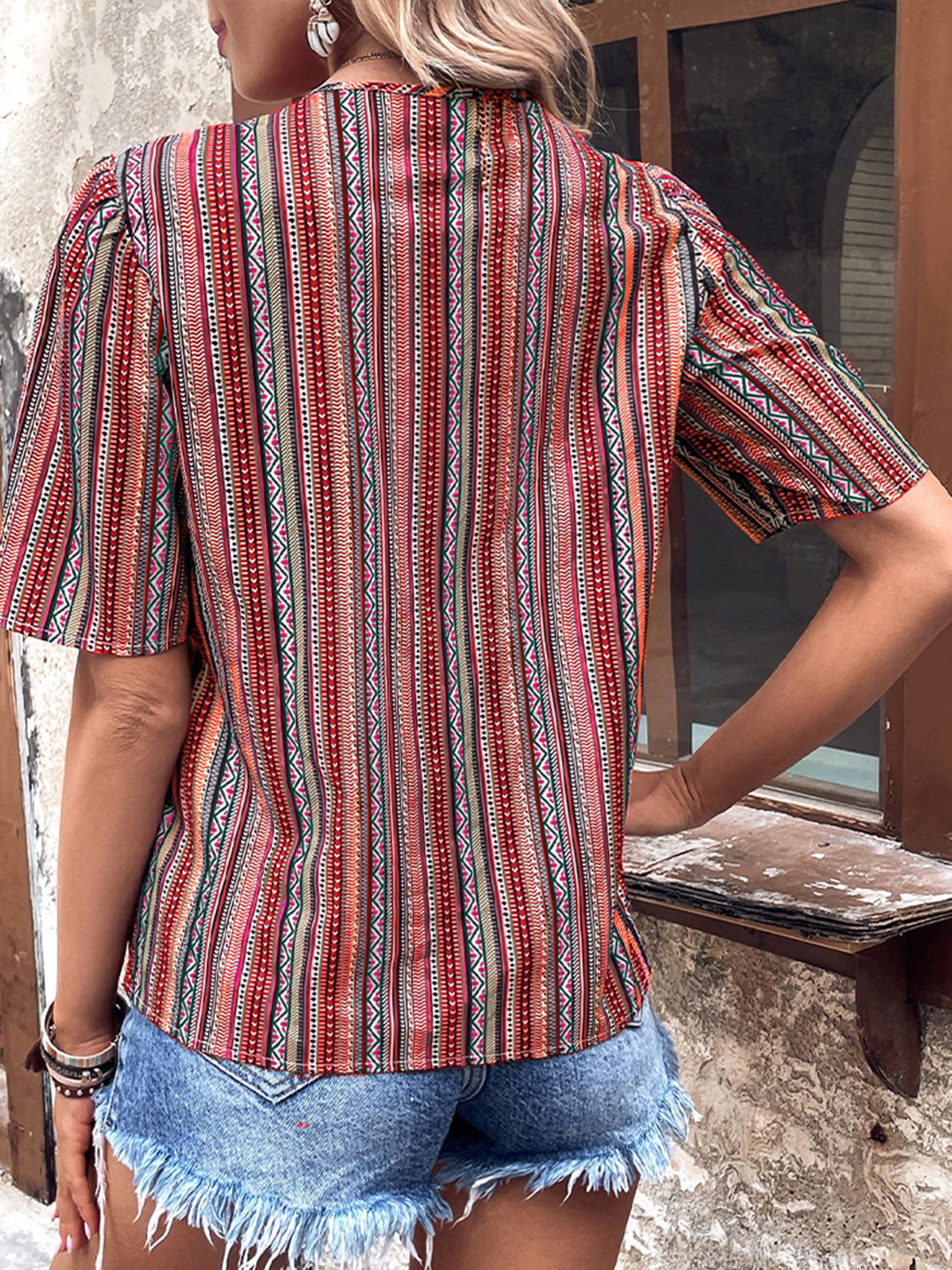 *APP EXCLUSIVE* Aztec Vneck Button-Up Short Sleeve Top